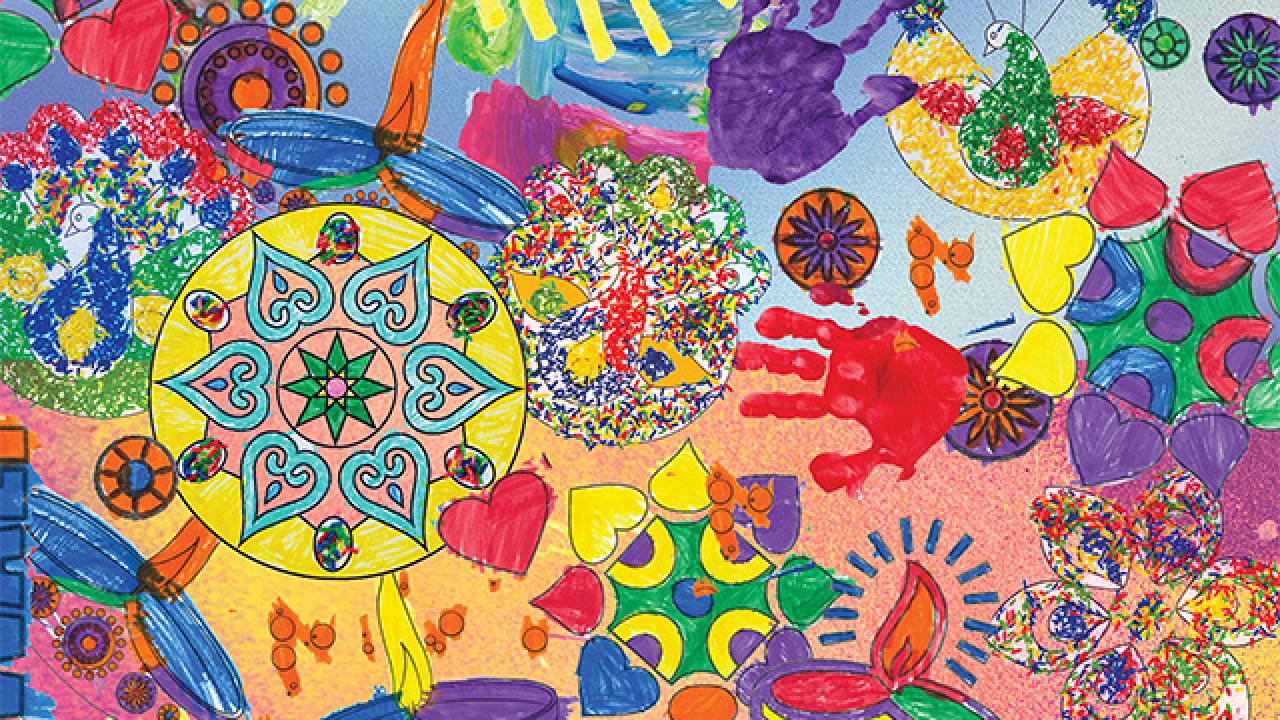 A series of bright colourful patterns, hand prints and multicoloured rice decorations  for Diwali (festival of lights) celebrated at this time of year