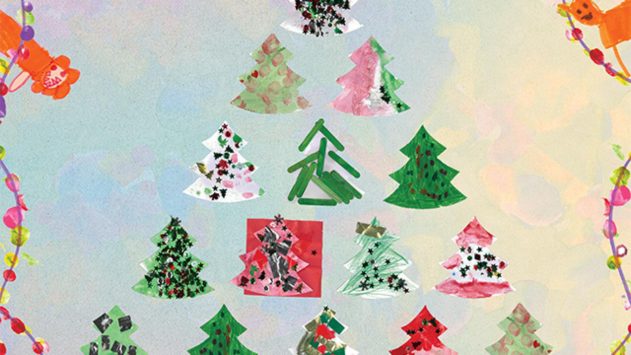 A series of individually decorated Christmas trees